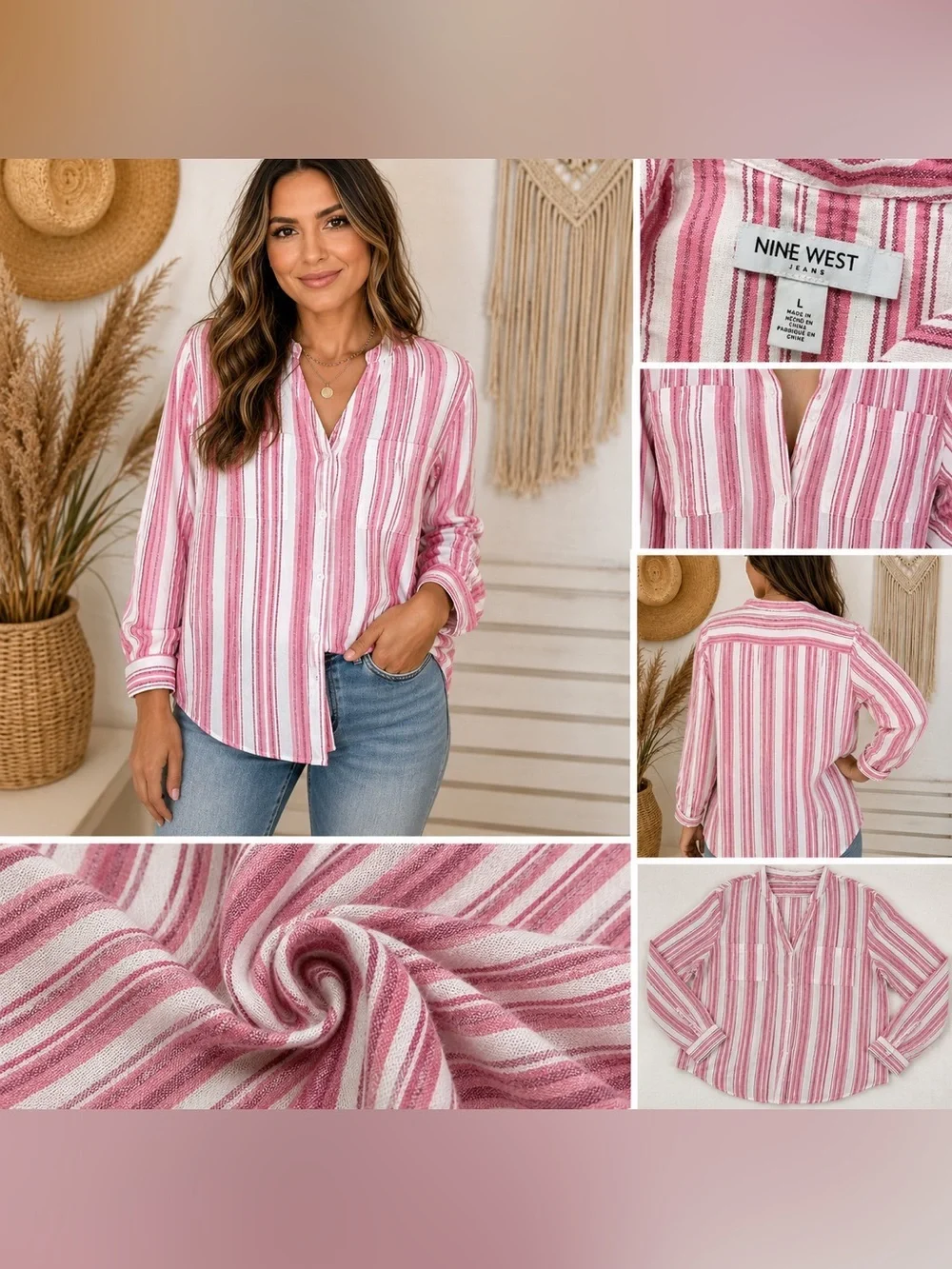 Nine West Pink and White Linen blend Striped Button-Down V-Neck Shirt - Picture 1 of 7